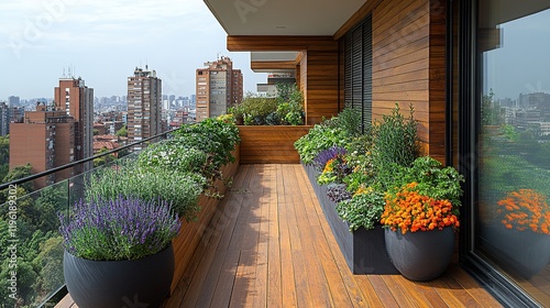 A modern balcony adorned with vibrant plants and flowers, showcasing urban gardening and outdoor living.
