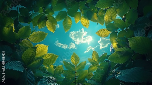 A serene view of sunlight filtering through lush green leaves, creating a tranquil atmosphere.