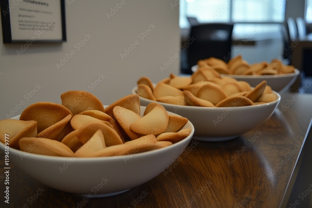 The break room features bowls of fortune cookies, perfect for a quick snack The break room features bowls of fortune cookies, perfect for a quick snack