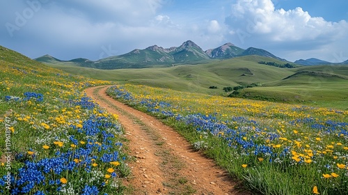 A winding dirt path through a vibrant flower-filled meadow, leading towards distant mountains under a blue sky.