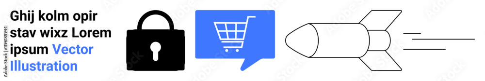 Black lock, blue shopping cart within a chat bubble, and sleek rocket symbolize security, e-commerce, communication, and fast shipping. Ideal for digital commerce, cybersecurity, website design Black lock, blue shopping cart within a chat bubble, and sleek rocket symbolize security, e-commerce, communication, and fast shipping. Ideal for digital commerce, cybersecurity, website design