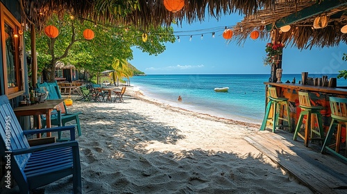 A serene beach scene with a bar, vibrant chairs, and a calm sea, perfect for relaxation and leisure.