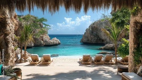A serene beach view from a cave, featuring lounge chairs and clear turquoise waters.