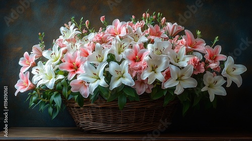A vibrant arrangement of pink and white lilies in a woven basket, showcasing natural beauty and elegance.