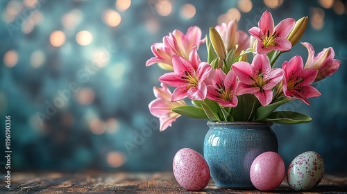 A vibrant arrangement of pink lilies in a blue vase, accompanied by decorative Easter eggs, creating a festive atmosphere.