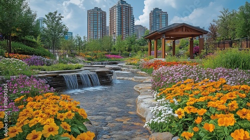 A vibrant garden with colorful flowers, a stream, and a pavilion, set against a backdrop of modern buildings.