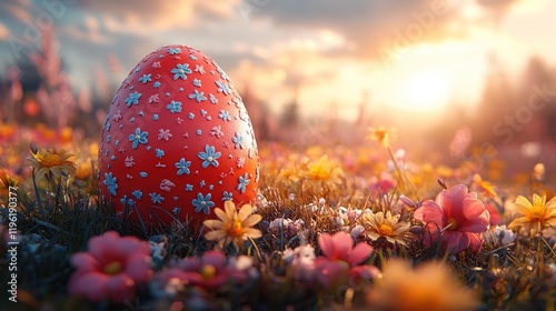A colorful Easter egg rests among vibrant flowers in a serene landscape during sunset.