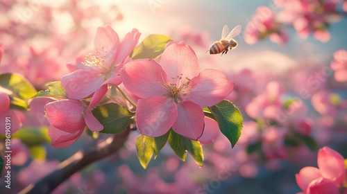 A serene scene of pink blossoms with a bee, capturing the beauty of nature in springtime.