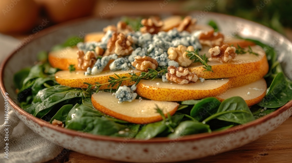 Fresh Pear and Walnut Salad on Rustic Plate with Spinach and Blue Cheese Fresh Pear and Walnut Salad on Rustic Plate with Spinach and Blue Cheese