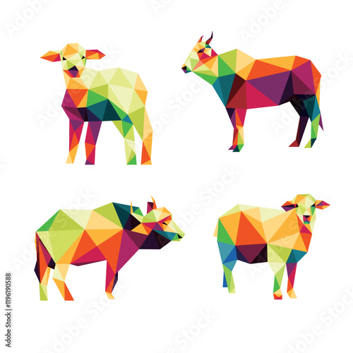 livestock Animal Set in Colorful Polygonal low poly. Colorful abstract Icon Vector. cow buffalo goat in colorful low poly.