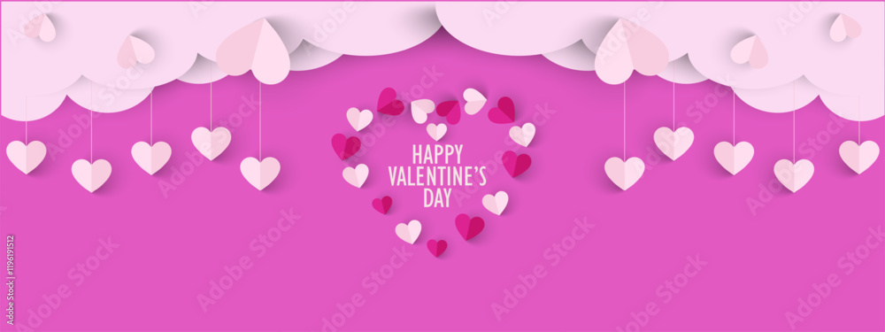 Horizontal banner Happy Valentine's day with copy space, Beautiful paper cut white clouds with white heart frame on pink background.Template for celebration, ads, branding, banner, cover, label, post Horizontal banner Happy Valentine's day with copy space, Beautiful paper cut white clouds with white heart frame on pink background.Template for celebration, ads, branding, banner, cover, label, post