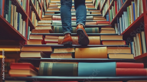 Person Climbing Stairs Made of Books in a Library Setting