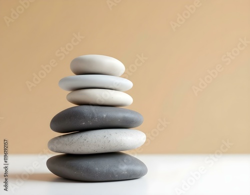 zen, stones, stacked, arranged, flat, white, surface, beige, background, clean, balance, harmony, calm, minimalist, serene, tranquil, meditative, peaceful, nature, simplicity, alignment, symmetry, photo