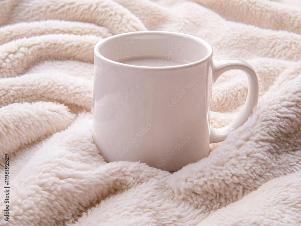 Warm cozy white mug resting soft blanket depicting comfort relaxation peaceful autumn winter mornings window blank mockup lifestyle home interior minimal decor ecommerce Warm cozy white mug resting soft blanket depicting comfort relaxation peaceful autumn winter mornings window blank mockup lifestyle home interior minimal decor ecommerce
