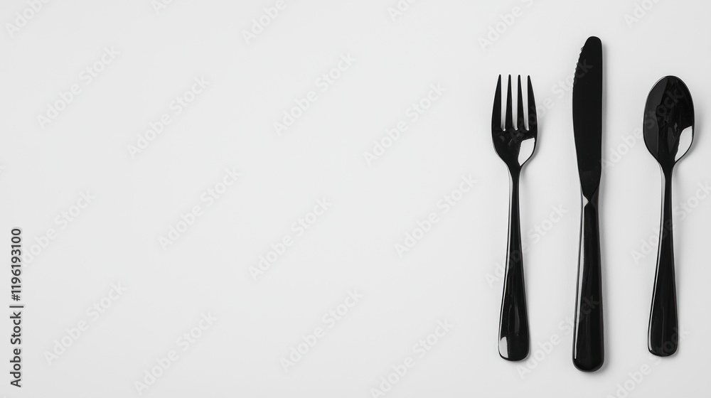 Black cutlery place setting on white background Black cutlery place setting on white background