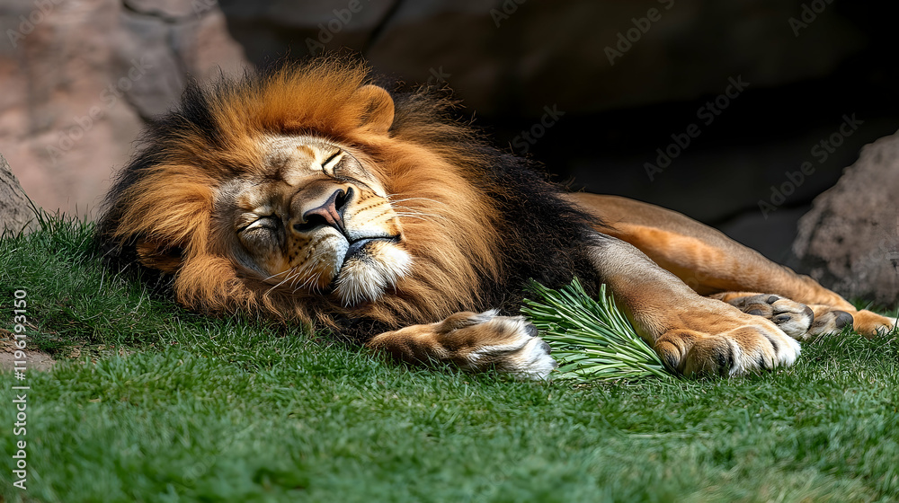 Naklejka premium Majestic Lion Napping in the Grass, male lion, african lion, sleeping lion, resting lion, napping lion