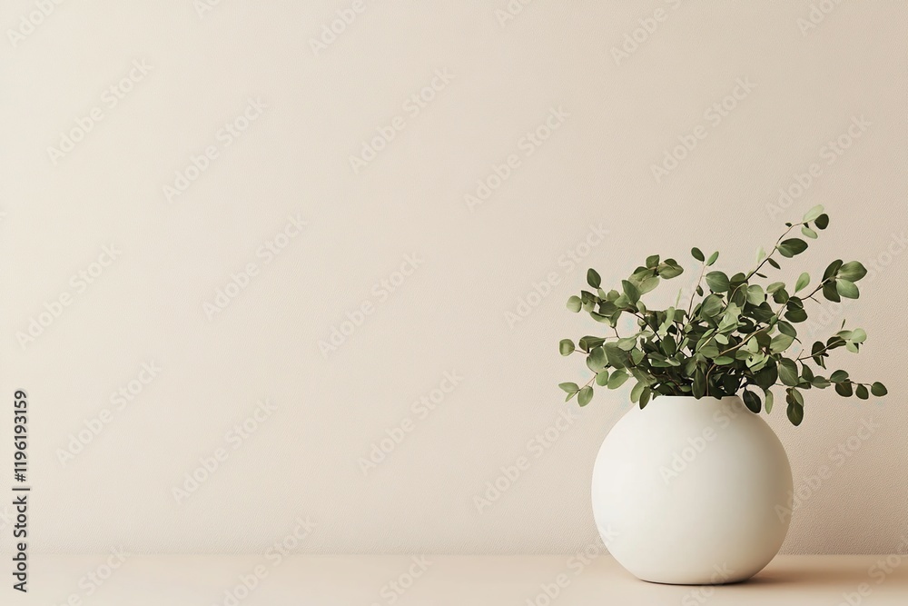 Modern Home Decor: Greenery in a White Vase against a Neutral Wall, Creating a Serene and Minimalist Aesthetic. Modern Home Decor: Greenery in a White Vase against a Neutral Wall, Creating a Serene and Minimalist Aesthetic.