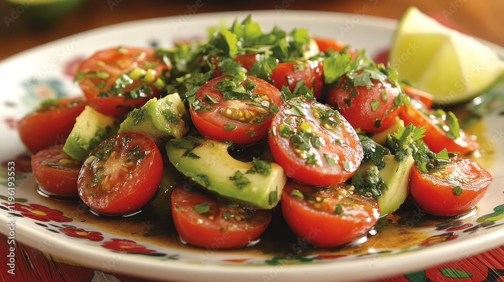 Fresh Tomato and Avocado Salad with Cilantro on Decorative Plate Fresh Tomato and Avocado Salad with Cilantro on Decorative Plate
