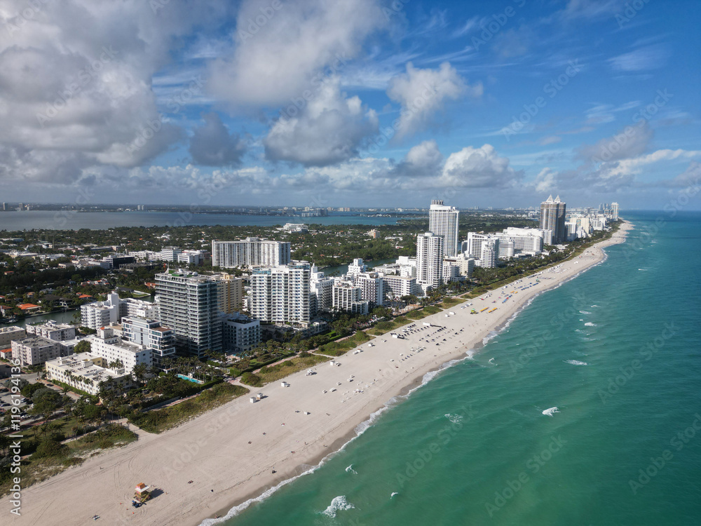 Naklejka premium Sea beach seashore and coastline. Summer vacation in Miami, Florida. Sea vacation on beach. Aerial marina view. Beach vacation. Coastline of Miami. Miami south beach aerial view