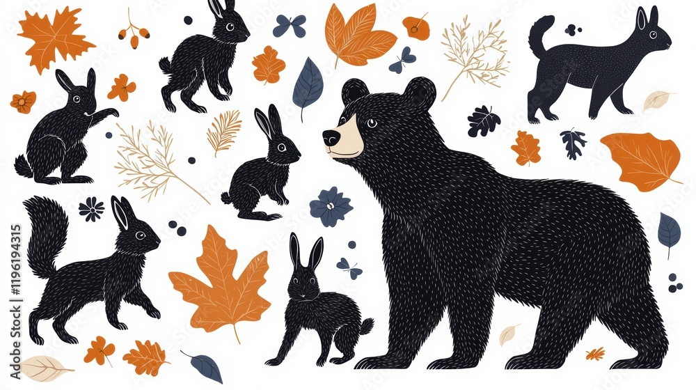 Nature illustration of bears and rabbits amidst autumn leaves in a playful scene Nature illustration of bears and rabbits amidst autumn leaves in a playful scene