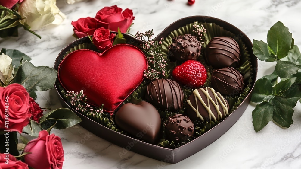 Naklejka premium Heart-Shaped Box of Gourmet Chocolates with Roses for Valentine's Day
