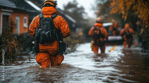 First responders guiding civilians to safety during a flood rescue operation