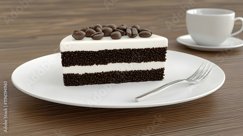 Coffee Cake Slice on White Plate, chocolate cake, dessert, sweet, delicious, coffee beans