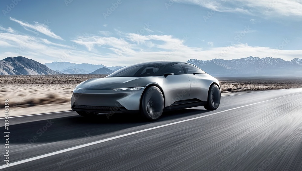Electric Vehicle Drives Fast on Desert Highway, Showing Advanced Technology and Sleek Design, Under a Clear Sky Electric Vehicle Drives Fast on Desert Highway, Showing Advanced Technology and Sleek Design, Under a Clear Sky