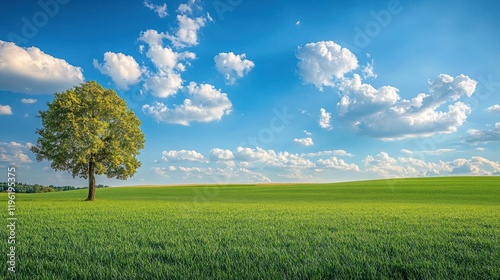 Outdoor scene with clear sky, green field, and single tree