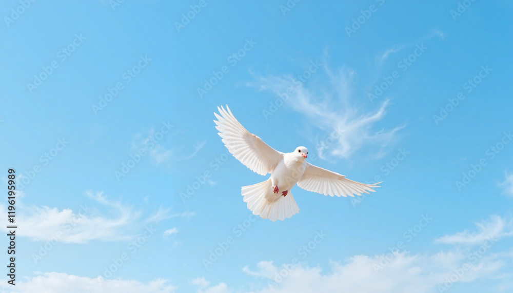 Fototapeta premium Flying white dove against blue sky