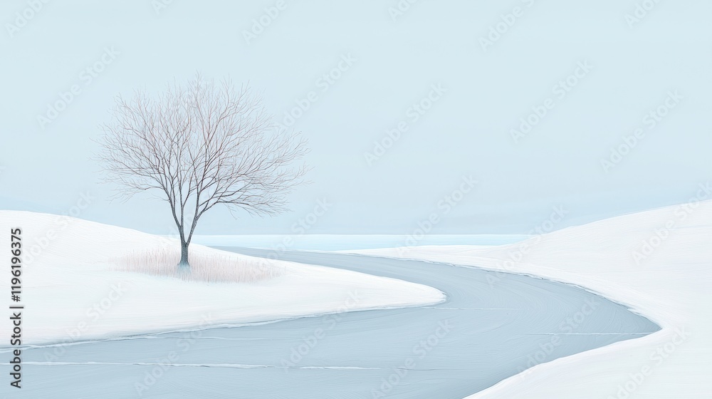 Serene winter landscape with tree frozen stream digital art minimalist tranquil view nature concept Serene winter landscape with tree frozen stream digital art minimalist tranquil view nature concept