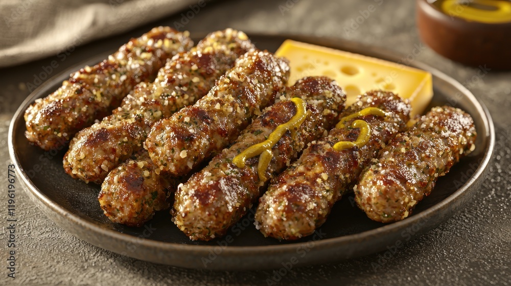 Grilled sausages, cheese, mustard, dark plate, food photography, recipe Grilled sausages, cheese, mustard, dark plate, food photography, recipe