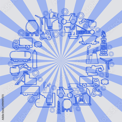 Concept of industrial plant and manufacture building. Energy and power. Energy generation and heavy industry. Brochure design template. Circle frame with industrial thin line icons. Sun rays backdrop.