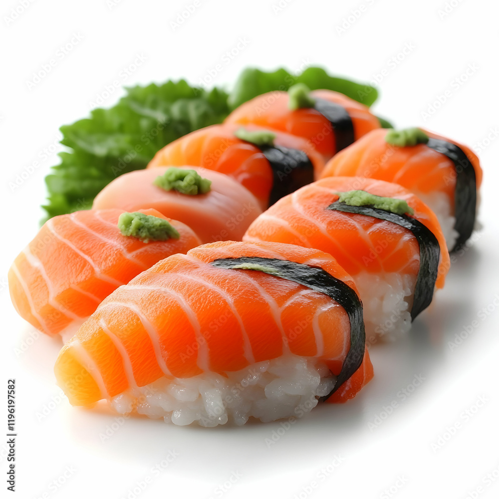 Delicious Salmon Sushi on a White Background, japanese food, nigiri, rice, fish, seafood Delicious Salmon Sushi on a White Background, japanese food, nigiri, rice, fish, seafood