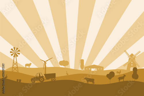 Overlayed icons of trees, windmill, tractor and farm animals. Ecologically clean area. Village in the summer. Illustration or background for eco products, banner. Sun rays backdrop