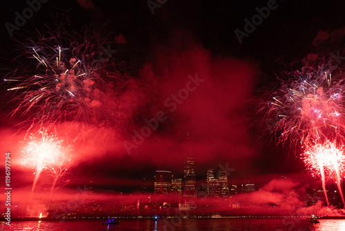 New York Manhattan fireworks. New York Fireworks over Manhattan. New York City 4th of July Fireworks. New York City Skyline Manhattan with Flashing Fireworks. Independence day. photo