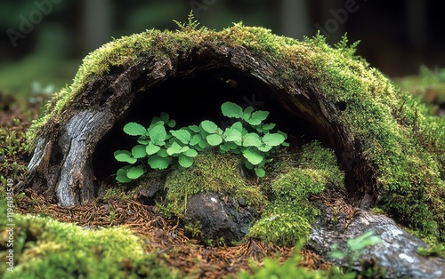 A small green shrub sprouting from a hollowedout dead wood trunk, surrounded by delicate forest moss, illustrating nature s resilience and the force of life s rebirth photo