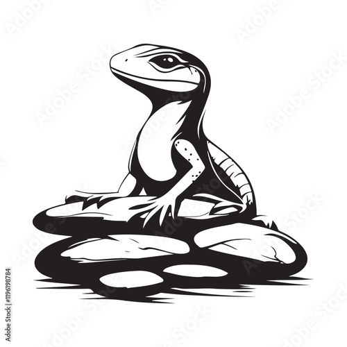 Calm Lizard Sunbathing on Rocks in Its Habitat Vector Image isolated on white background.