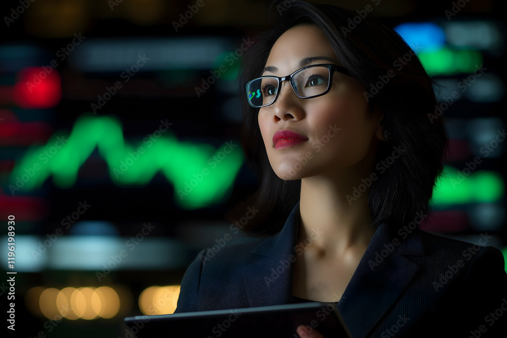 Fototapeta premium A focused woman in glasses holds a tablet, contemplating data, with vibrant financial graphs in the background.