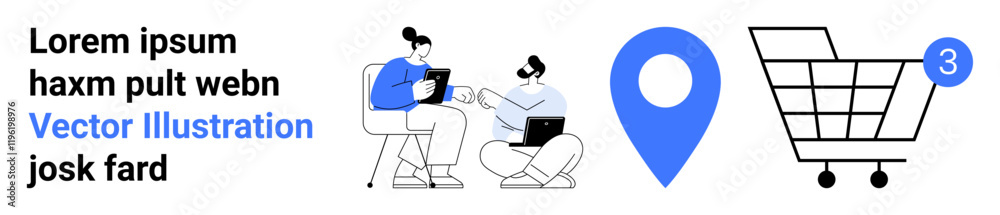 People using laptops, a blue location pin, and a shopping cart with a notification. Ideal for e-commerce, online business, digital marketing, web design, remote work, tech apps, customer engagement