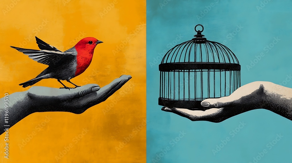 Fototapeta premium Modern art collage featuring two hands in a minimalist or pop-art style. One hand is holding a small bird, while the other hand is holding an empty birdcage. Incorporate layered paper textures, 