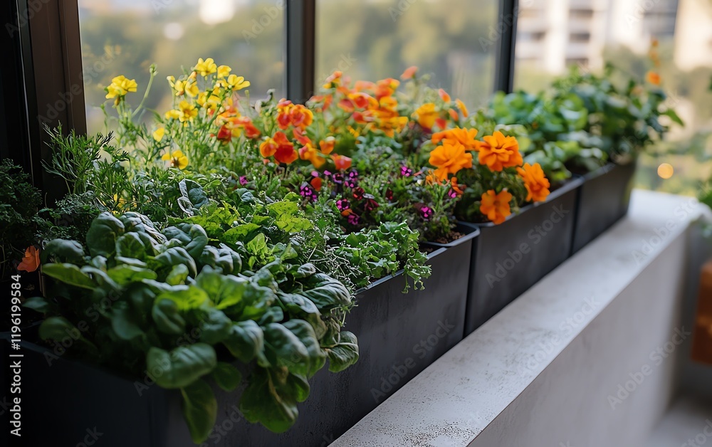 Obraz premium Urban gardening on an apartment balcony, with vertical farming systems, colorful vegetables, herbs, and flowers growing in containers, creating a minifarm in the heart of the city