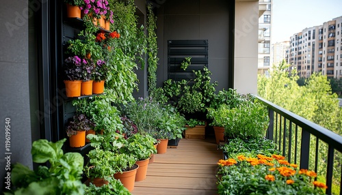 Urban balcony garden in an apartment building, featuring a thriving farm with fresh herbs, vegetables, and flowers growing in pots, hanging planters, and vertical gardening systems