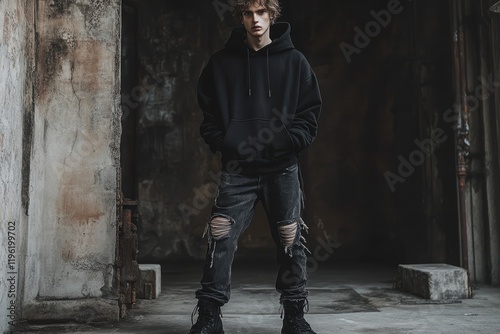 A male model wearing dark street style, a black hoodie, ripped jeans and combat boots, standing in front of an industrial style backdrop with dark shadows photo