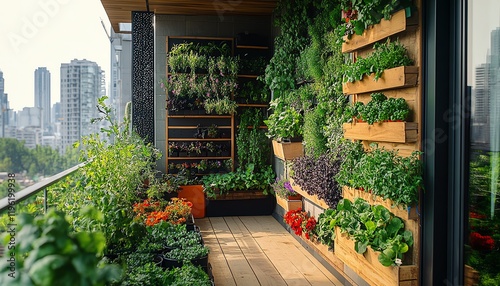 Fototapeta Naklejka Na Ścianę i Meble -  City apartment balcony garden, featuring compact urban farming with fresh vegetables, herbs, and flowers growing in planters and vertical gardens, a green oasis in the city