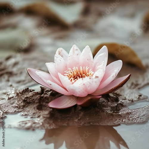 Delicate pink water lily blossom in a muddy pond.