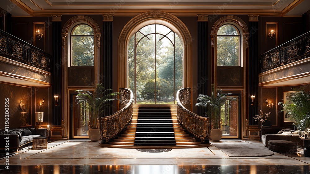 Fototapeta premium Grandiose Mansion Interior: Opulent Staircase and Sunlit Garden View
