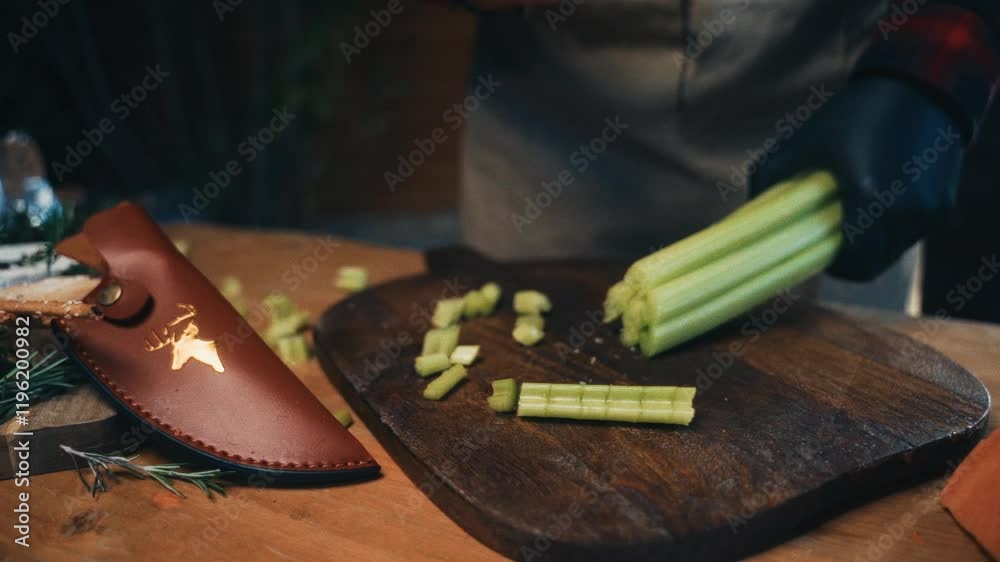 A person cutting fresh celery on a rustic wooden board in a cozy kitchen setup A person cutting fresh celery on a rustic wooden board in a cozy kitchen setup