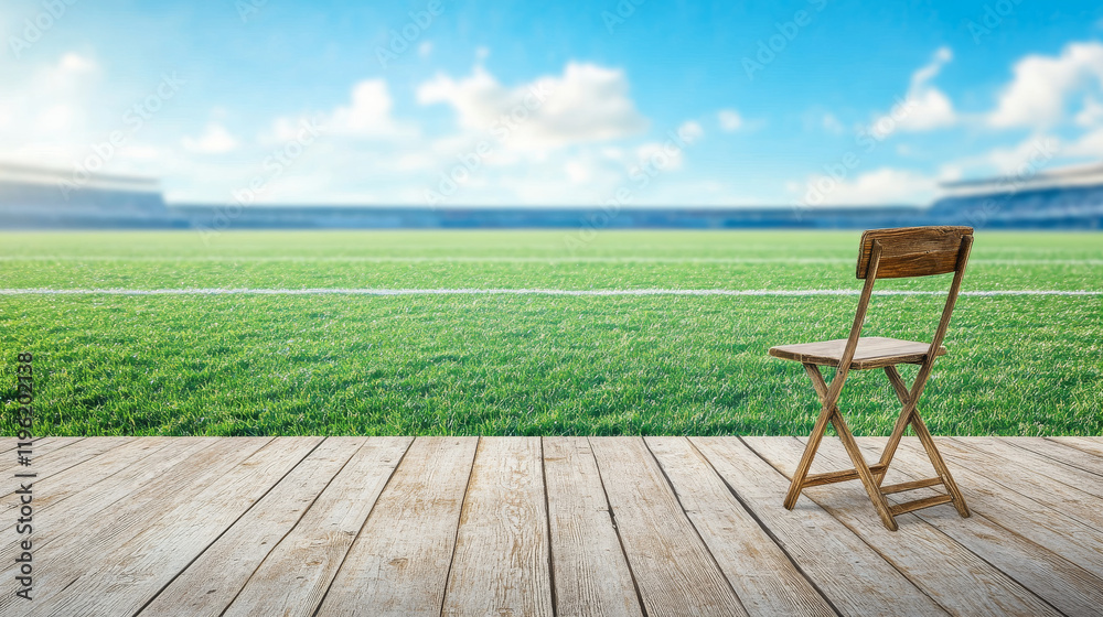 rustic chair on wooden deck overlooking vibrant football field, evoking sense of tranquility and anticipation rustic chair on wooden deck overlooking vibrant football field, evoking sense of tranquility and anticipation