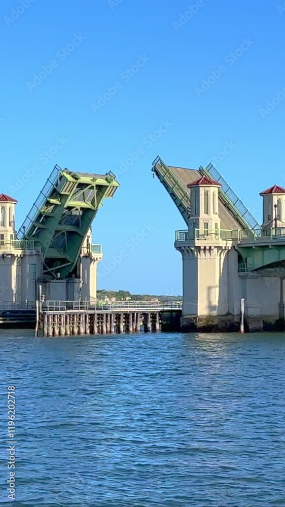 Intercoastal ocean drawbridge closing after sailboat goes under, sunny blue sky Intercoastal ocean drawbridge closing after sailboat goes under, sunny blue sky